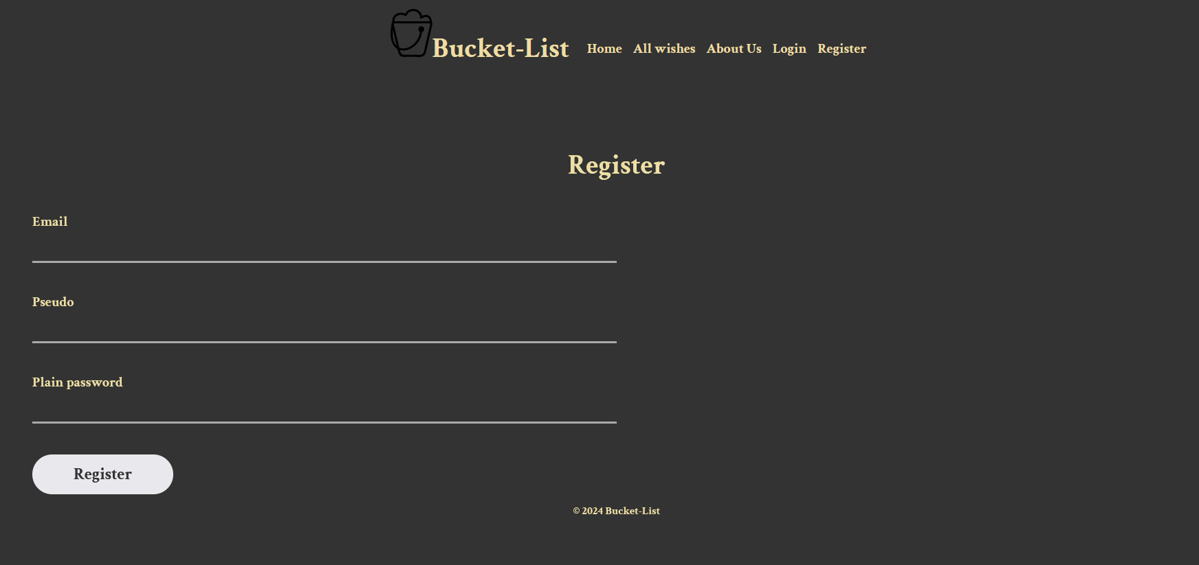 Page d'inscription de l'application Bucket-List